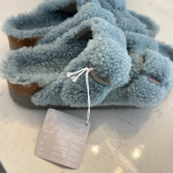 BIRKENSTOCK Arizona Big Buckle Genuine Shearling Slide Sandal in Faded Aqua - Picture 5 of 9